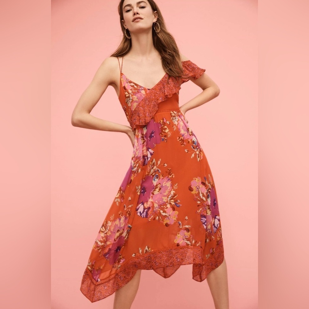 Anthropologie Floral Grecia Ruffle Dress by Maeve size 6 Midi Boho Summer